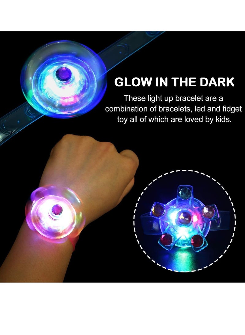 GLOW IN THE DARK These glowing party favors come in a pack of 20 bracelets with multiple random colors and styles. A combination of bracelet, LED, and fidget spinner toy that kids love.