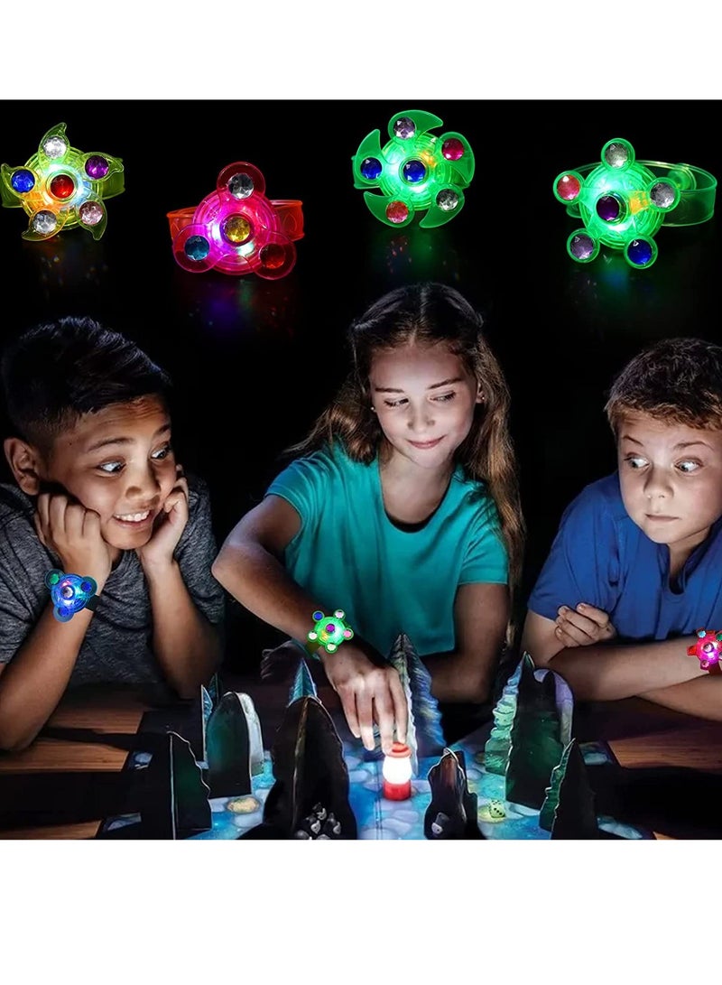 GLOW IN THE DARK These glowing party favors come in a pack of 20 bracelets with multiple random colors and styles. A combination of bracelet, LED, and fidget spinner toy that kids love.