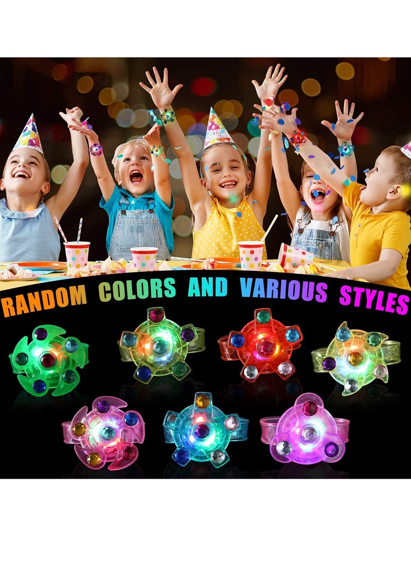 GLOW IN THE DARK These glowing party favors come in a pack of 20 bracelets with multiple random colors and styles. A combination of bracelet, LED, and fidget spinner toy that kids love.