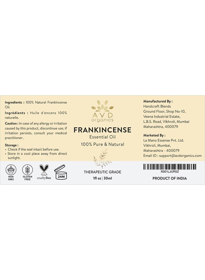 AVD ORGANICS Frankincense Essential Oil 30ml - 100% Pure and Natural - Therapeutic Grade Essential Oil for Skin, Home Fragrance, 1fl. Oz