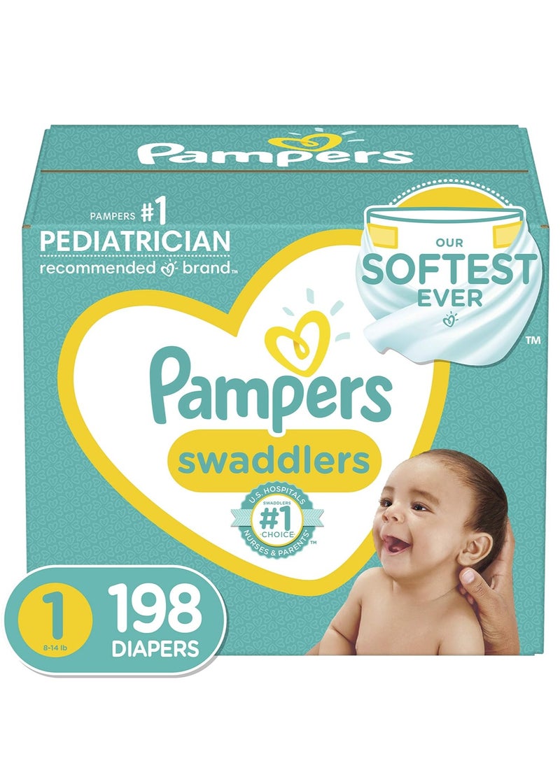 Swaddlers Diapers - Size 1, One Month Supply (198 Count), Ultra Soft Disposable Baby Diapers