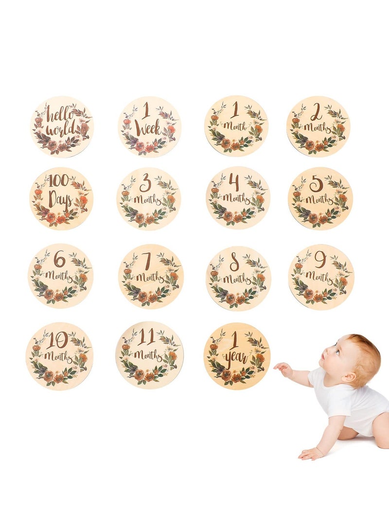 Baby Monthly Milestone 15 Pcs Milestone Numbers Props Wooden Newborn Welcome Discs Sign Baby Milestone Cards Weekly Monthly Growth Milestone Signs Baby Announcement Props for Boys Girls Photo Prop