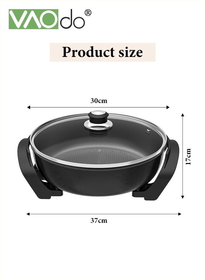 1500W Electric Skillet with Glass Cover Non-Stick 5-Speed Temperature Adjustment Pan with Power Failure Protection Device Extra Deep Electric Frying Pan with Wooden Spatula