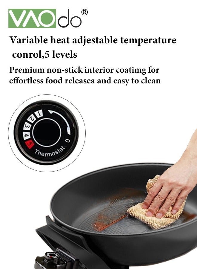 1500W Electric Skillet with Glass Cover Non-Stick 5-Speed Temperature Adjustment Pan with Power Failure Protection Device Extra Deep Electric Frying Pan with Wooden Spatula