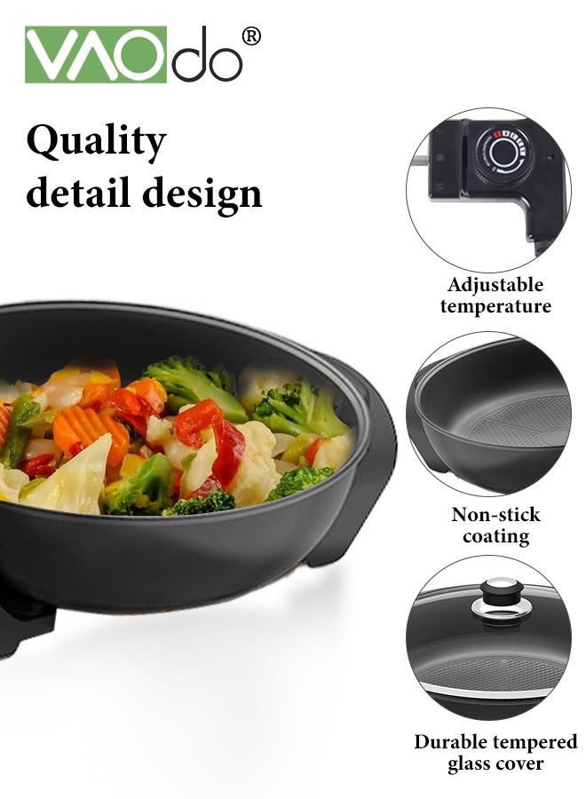 1500W Electric Skillet with Glass Cover Non-Stick 5-Speed Temperature Adjustment Pan with Power Failure Protection Device Extra Deep Electric Frying Pan with Wooden Spatula