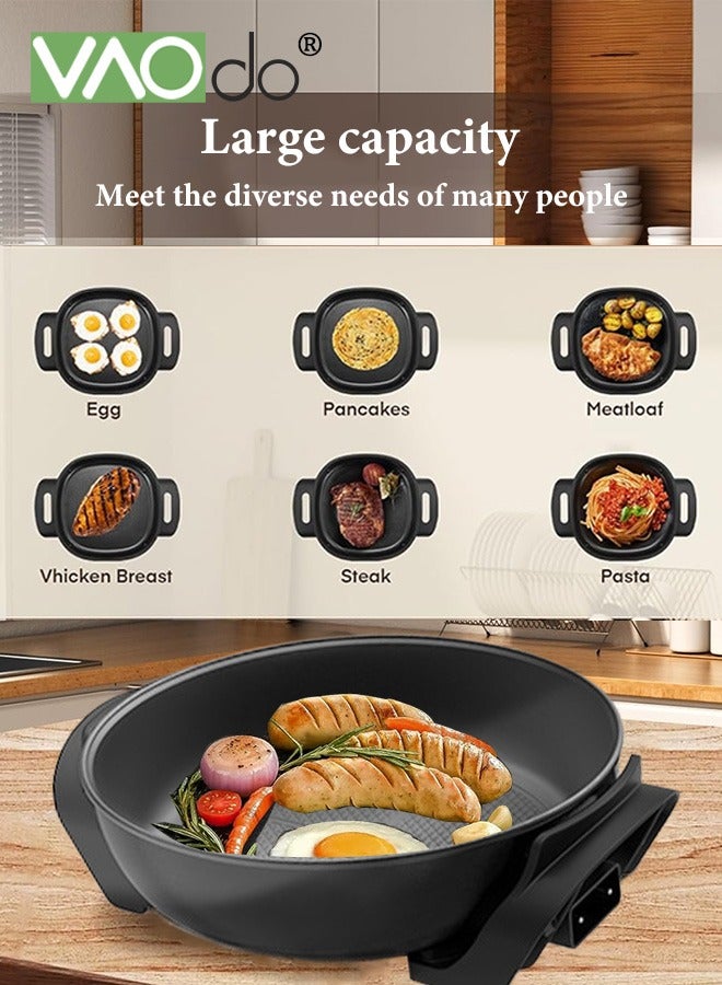 1500W Electric Skillet with Glass Cover Non-Stick 5-Speed Temperature Adjustment Pan with Power Failure Protection Device Extra Deep Electric Frying Pan with Wooden Spatula