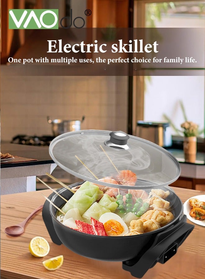 1500W Electric Skillet with Glass Cover Non-Stick 5-Speed Temperature Adjustment Pan with Power Failure Protection Device Extra Deep Electric Frying Pan with Wooden Spatula