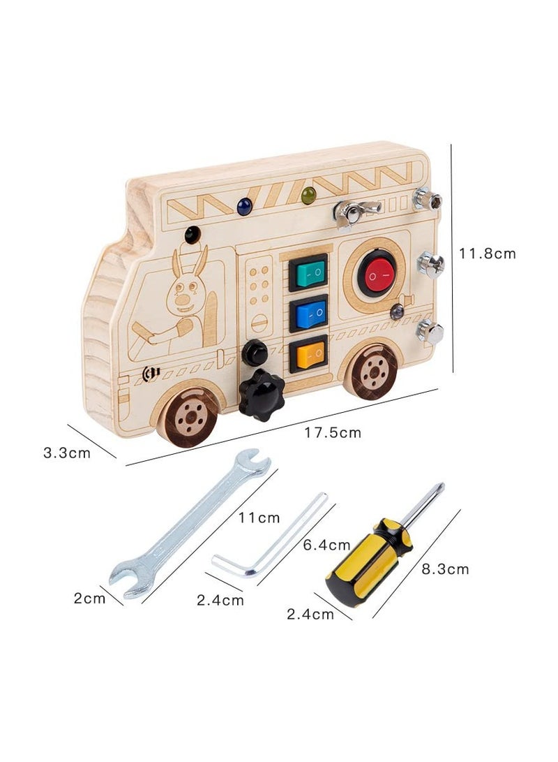 3-in-1 Montessori Busy Board with LED Light, Fire Truck Fine Motor Skills Toys, Wooden Car Busy Board, Screwdriver Mini Set, and Push Buttons for Engaging Learning Activities.