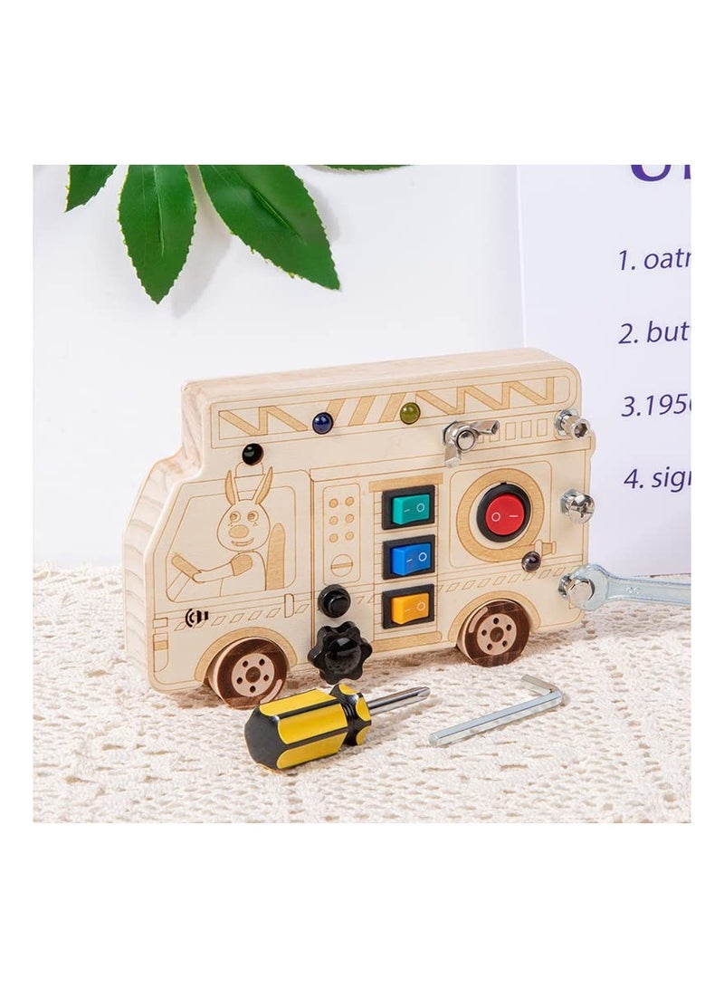 3-in-1 Montessori Busy Board with LED Light, Fire Truck Fine Motor Skills Toys, Wooden Car Busy Board, Screwdriver Mini Set, and Push Buttons for Engaging Learning Activities.