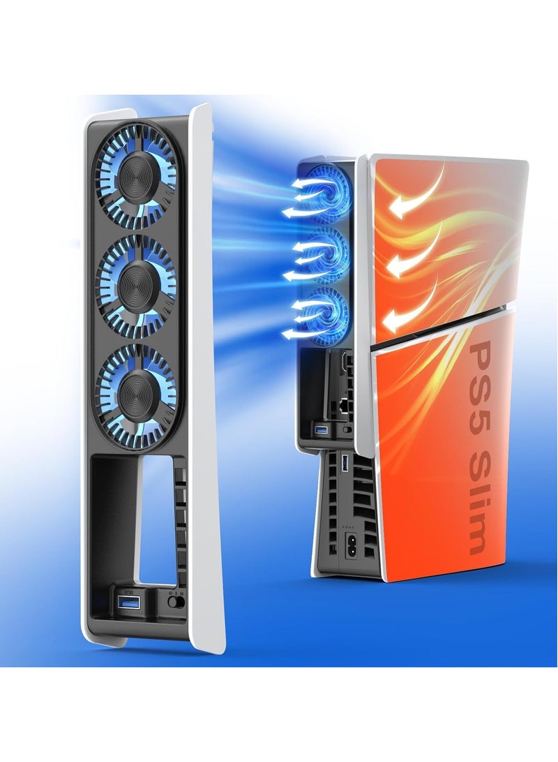 PS5 Slim Cooling Fan with Auto Speed and LED Lights, Quieter Design with USB3.0 Hubs for Disc and Digital Editions