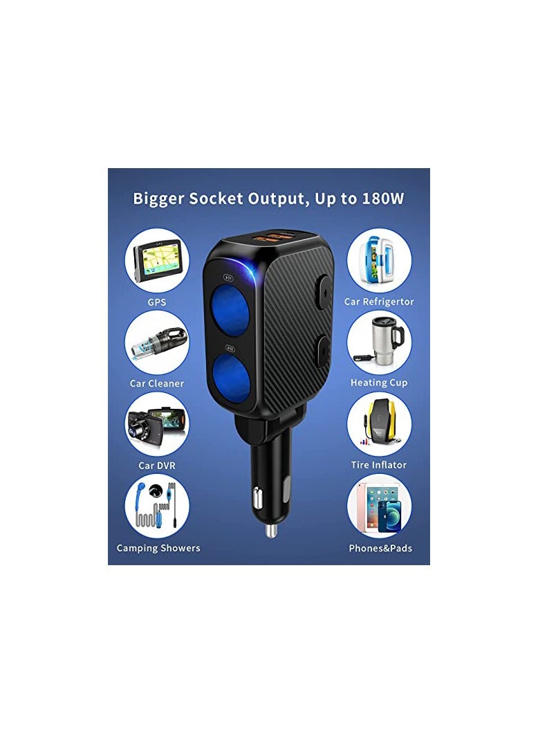 180W Car Charger Splitter with 20W PD Dual Socket Cigarette Lighter Adapter, Fast USB-C Charger with Type C 20W PD and QC3.0 for Dash Cam and Other Devices.