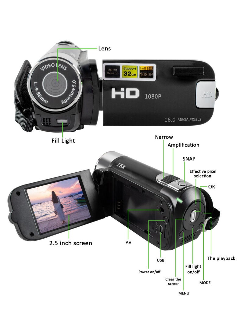 Digital Video Camera Recorder, Full HD 1080P, 32GB 16x Zoom, Digital Camcorder, DV Camera for Video Recording