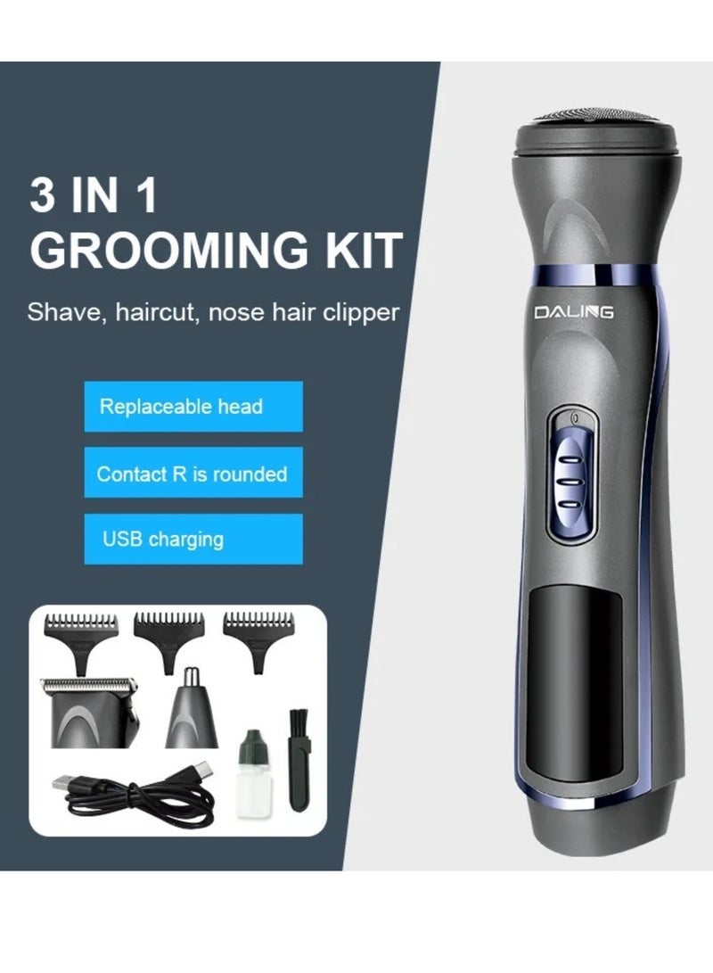 3 in 1 rechargeable men's grooming kit - razor head, nose trimmer head, hair clipper head