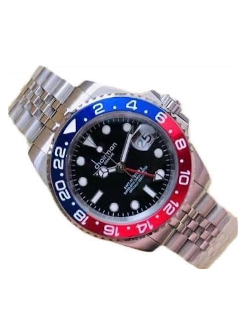 Men's Stainless Steel Wrist Watch, 40mm, Water Resistant, Blue/Red Bezel and Black Dial with Date