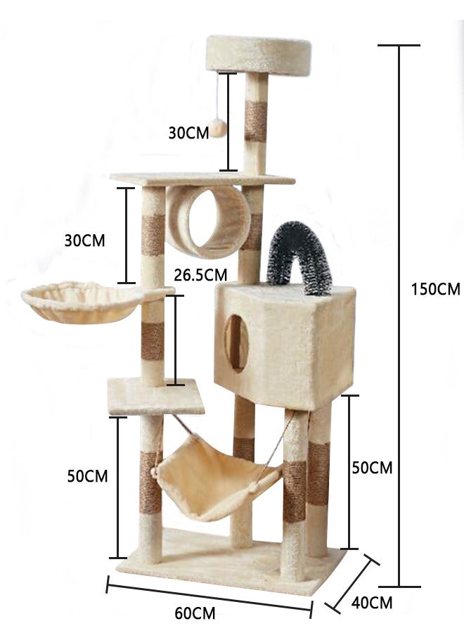 Large Wooden Cat Tree 150Cm, Multi-Level Activity Cat Tower Furniture For Cat 60x40x150 Cm Beige