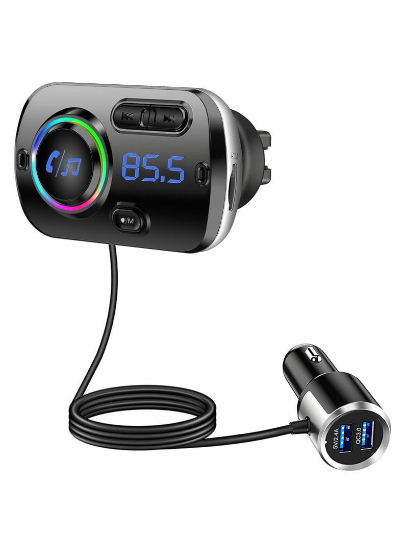 Bluetooth FM Transmitter for Car - Wireless Car Adapter with Bluetooth 5.0, QC3.0 Fast Charging, and Dual USB Ports (5V/2.4A) for Convenient Charging and Streaming.