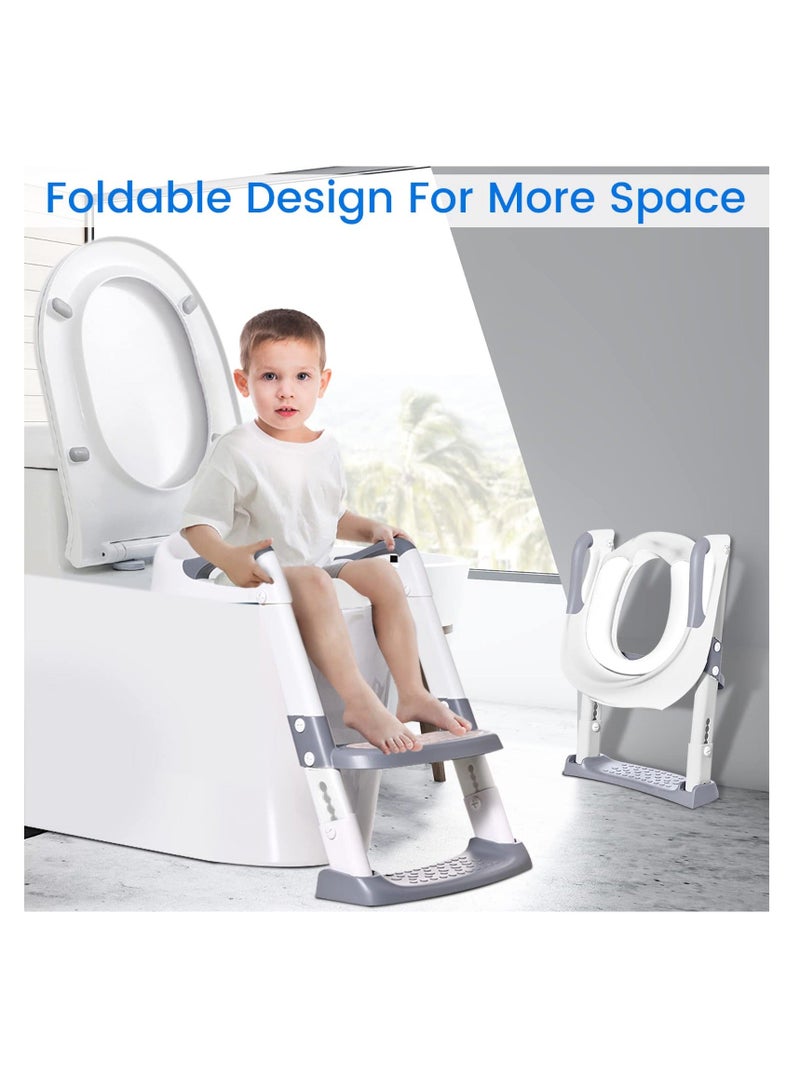 Potty Training Toilet Seat Trainer, Kids Toilet Training Seat with Step Stool, Foldable Portable Potty Chair with Adjustable Height Ladder Guard Handle, Soft Cushion for Baby Toddler, White