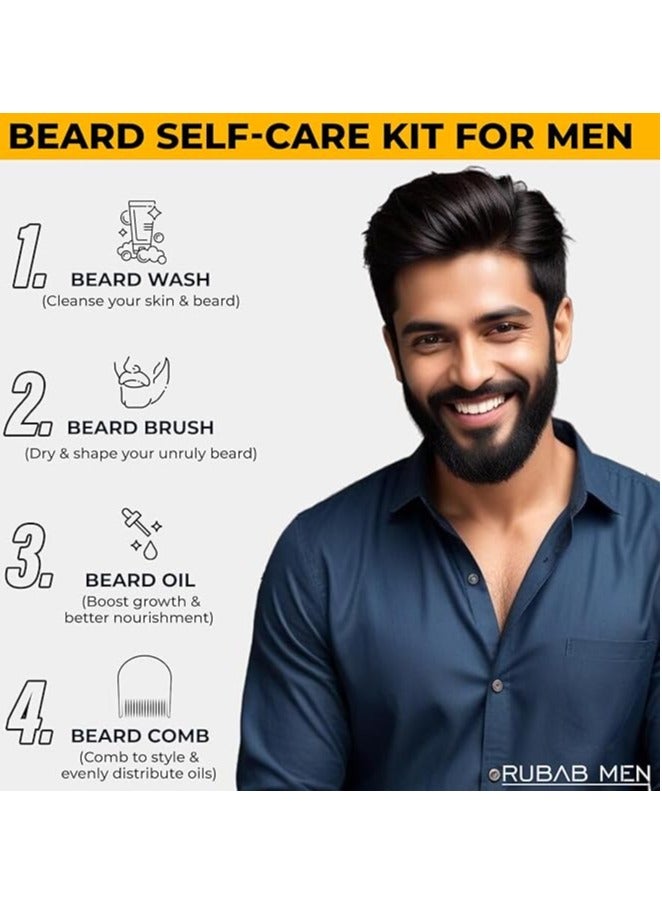 4-in-1 Beard Kit for Men| Advance Beard Oil, Face & Beard Wash, Beard Brush & Wooden Beard Comb for Men| Daily Care of Beard or Amazing Gift Kit for Men