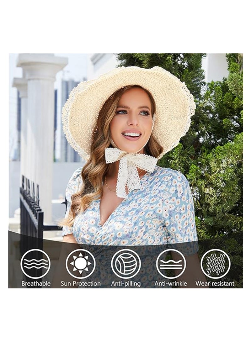 Stylish Women's Wide Brim Straw Hat for Spring and Summer with Lace Trim, Foldable and UV Protection for Beach Days