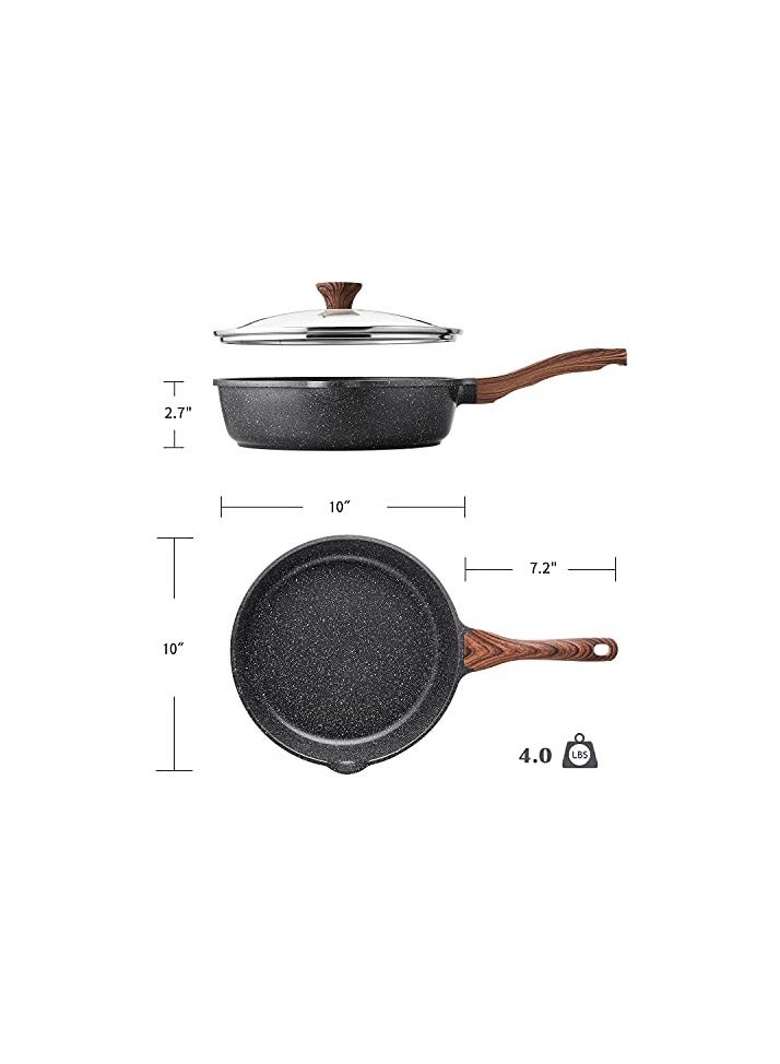 Nonstick Deep Frying Pan Skillet, 26cm Saute Pan with Lid, Stay-cool Handle, Chef Pan Healthy Stone Cookware Cooking Pan, Induction Compatible