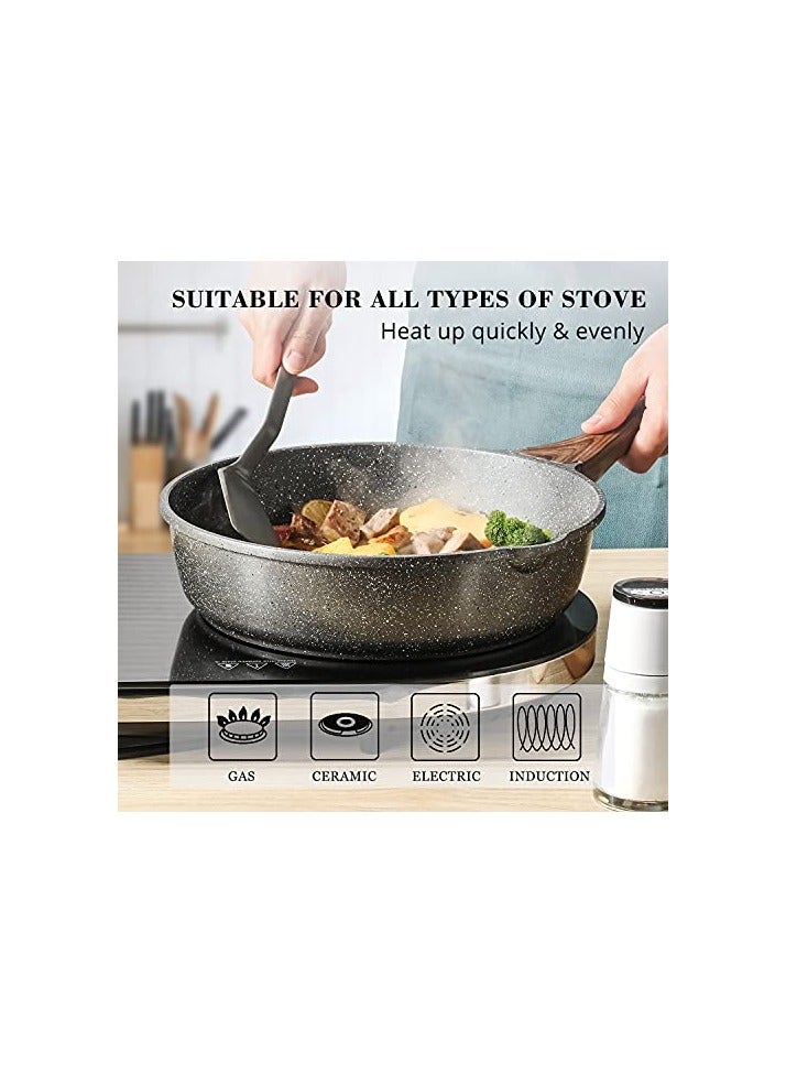 Nonstick Deep Frying Pan Skillet, 26cm Saute Pan with Lid, Stay-cool Handle, Chef Pan Healthy Stone Cookware Cooking Pan, Induction Compatible