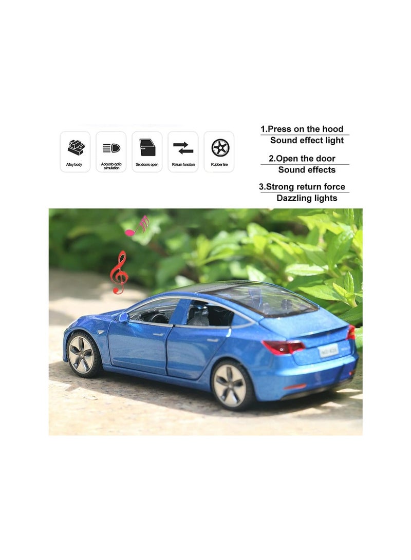 1:32 Blue Model 3 Alloy Cars Diecast Toy Car For Kids, Pull Back With Light And Music, Gift Mini Vehicle, Gift.