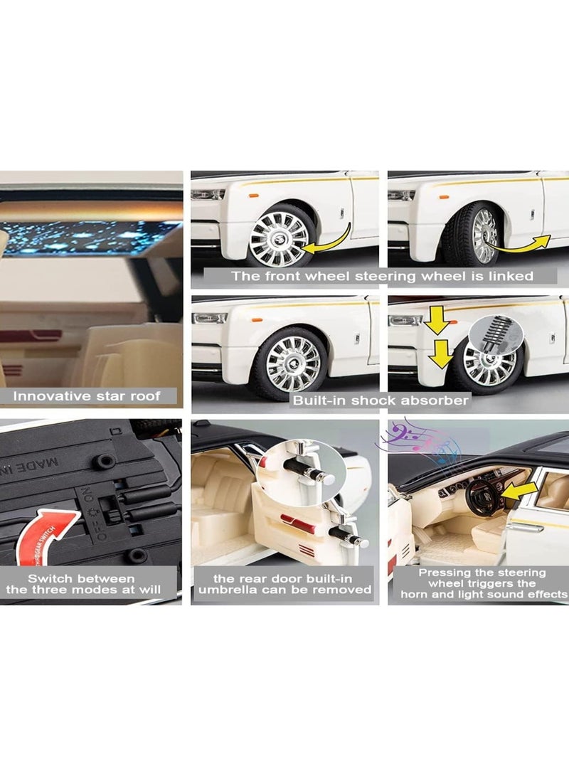 1/24 White Exquisite Car Model Rolls-Royce Phantom Model Car, Zinc Alloy Pull Back Toy Car With Sound And Light, Suitable For Children Boys Girls Gift.