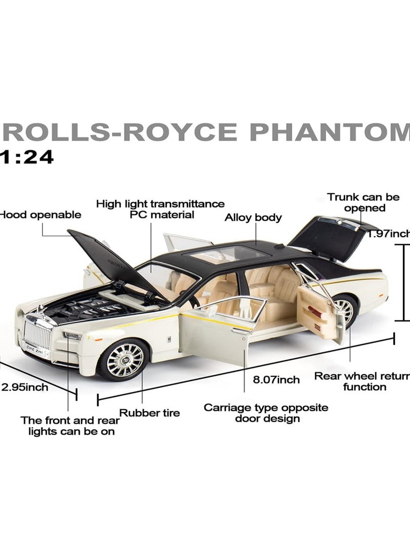 1/24 White Exquisite Car Model Rolls-Royce Phantom Model Car, Zinc Alloy Pull Back Toy Car With Sound And Light, Suitable For Children Boys Girls Gift.