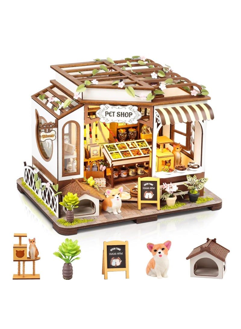 DIY Miniature House Kit Tiny Pet Shop with LED Furniture for Adults and Teens Perfect Gift for Home Decor and Special Occasions