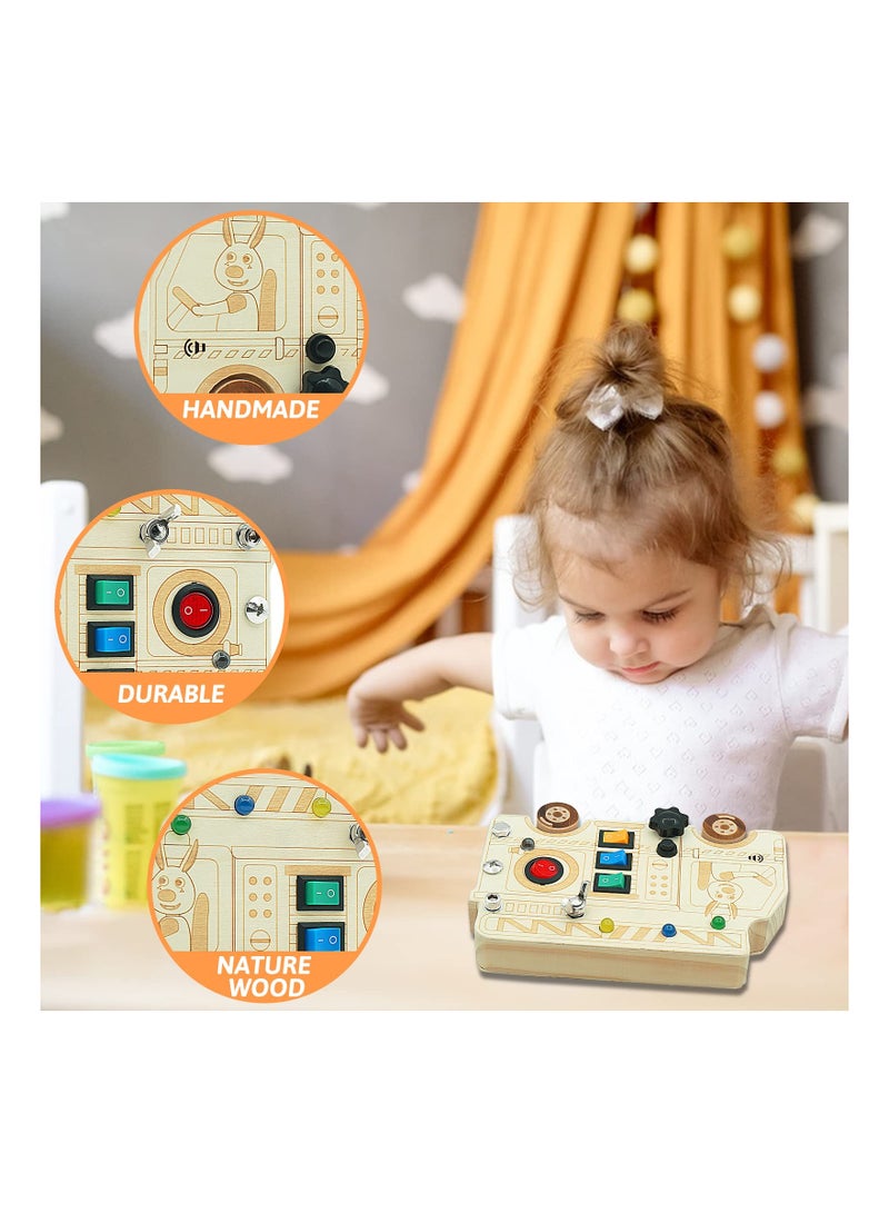 3-in-1 Montessori Busy Board with LED Light, Fire Truck Fine Motor Skills Toys, Wooden Car Busy Board, Screwdriver Mini Set, and Push Buttons for Engaging Learning Activities.