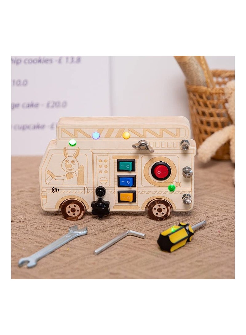 3-in-1 Montessori Busy Board with LED Light, Fire Truck Fine Motor Skills Toys, Wooden Car Busy Board, Screwdriver Mini Set, and Push Buttons for Engaging Learning Activities.