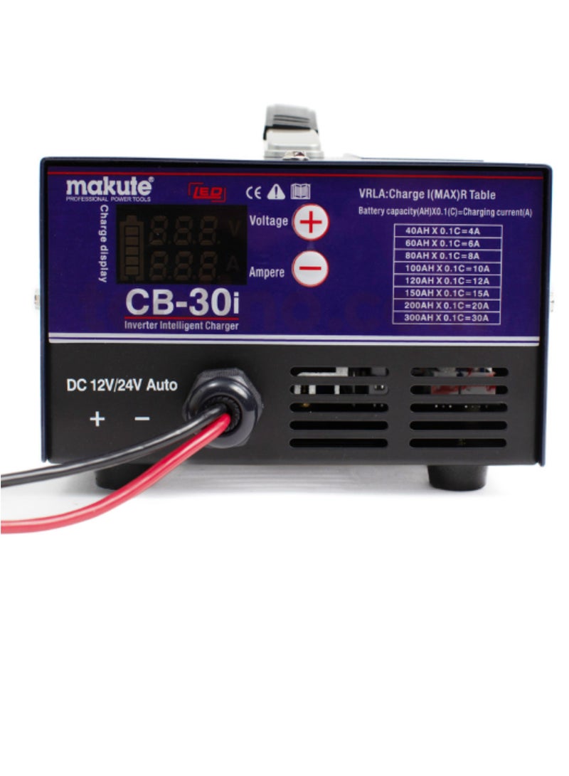 Car Battery Charger, 12V/24V Output, 4A-30A Charging Current, Digital Display, Overload and Polarity Reversal Protection, Lead-Acid Battery Charger for Motorcycles, Cars, Vans, Light Trucks-CB-30I