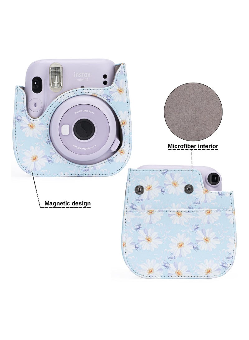 Protective & Portable Case Compatible with fujifilm instax Mini 11/ 9/ 8/ 8+ Instant Film Camera with Accessory Pocket and Adjustable Strap (Flowers Light Blue)