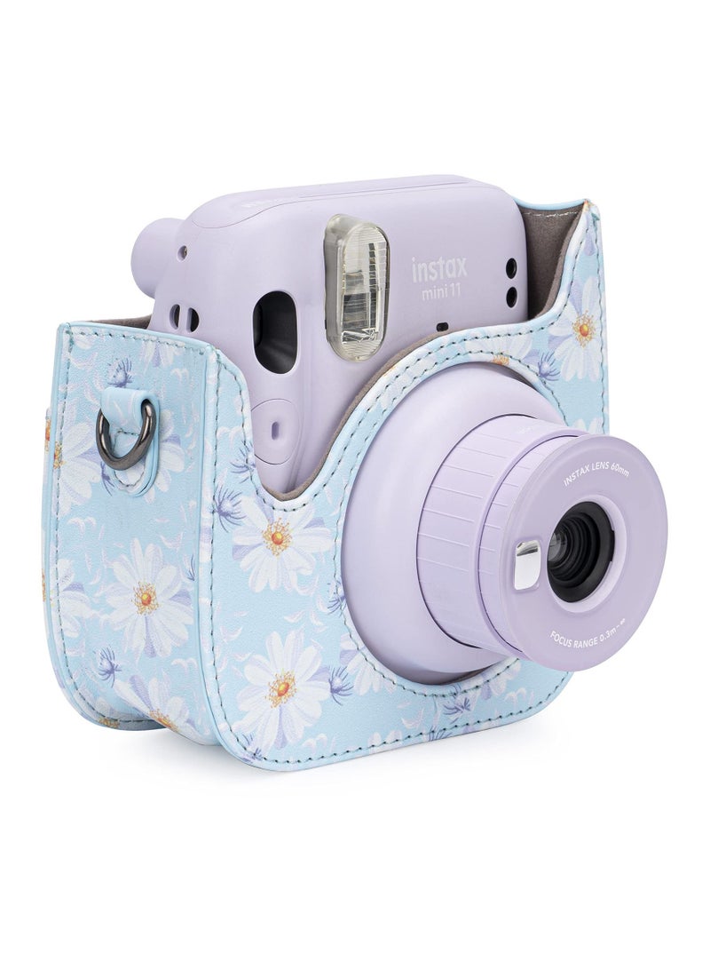 Protective & Portable Case Compatible with fujifilm instax Mini 11/ 9/ 8/ 8+ Instant Film Camera with Accessory Pocket and Adjustable Strap (Flowers Light Blue)