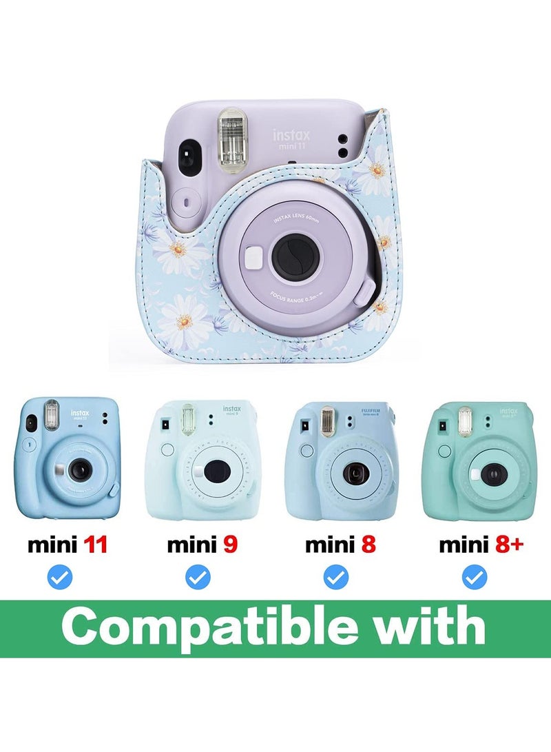 Protective & Portable Case Compatible with fujifilm instax Mini 11/ 9/ 8/ 8+ Instant Film Camera with Accessory Pocket and Adjustable Strap (Flowers Light Blue)