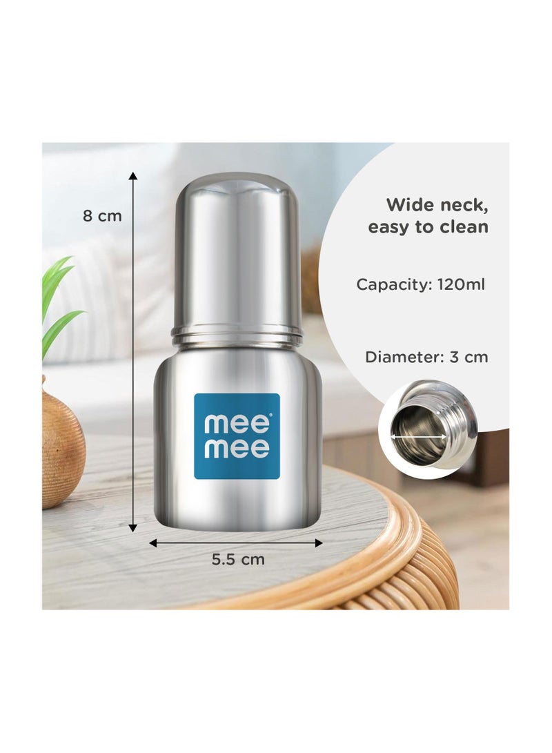 Mee Mee Baby Steel Feeding Bottle 120ml | Baby Milk Bottle with Advanced Anti Colic Valve, BPA Free, Soft Silicone Teat, Wide Neck for Babies/Infants/Newborns of 0-2 Years