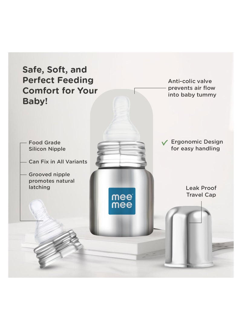 Mee Mee Baby Steel Feeding Bottle 120ml | Baby Milk Bottle with Advanced Anti Colic Valve, BPA Free, Soft Silicone Teat, Wide Neck for Babies/Infants/Newborns of 0-2 Years