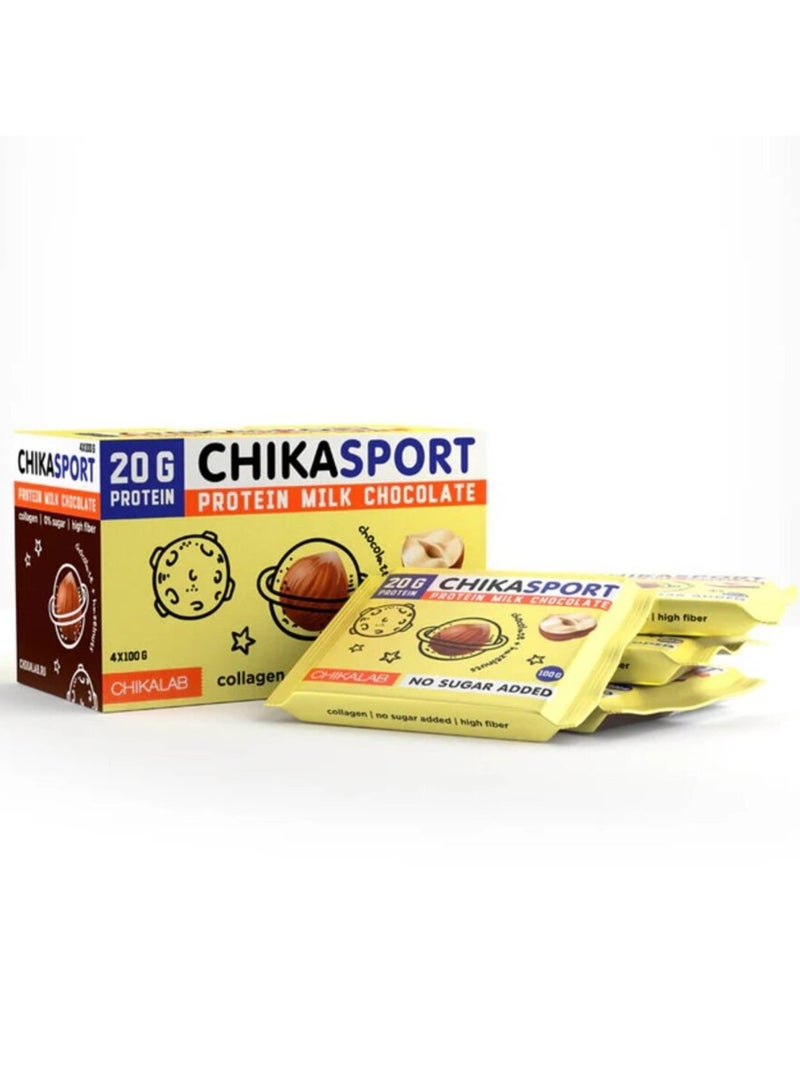 Chika Sport, Protein Milk Chocolate, Chocolate + Hazelnuts, 4x100g