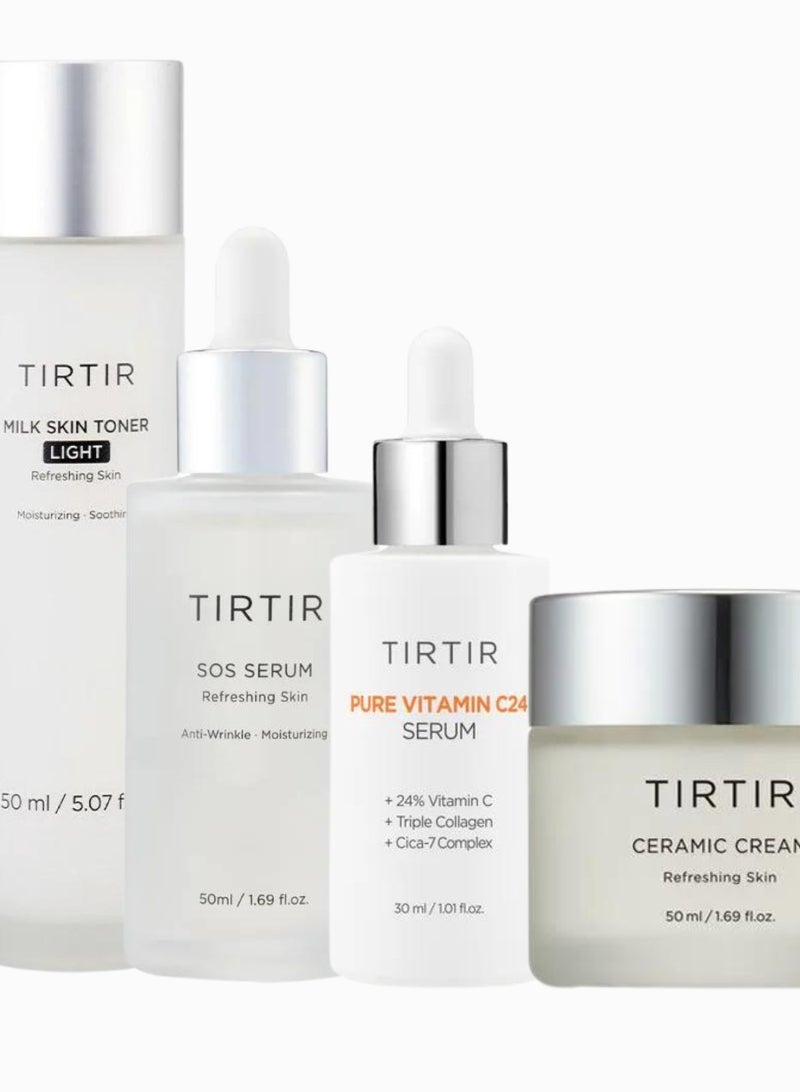 Tirtir Complete Skincare Set - SOS Serum 50ml, Ceramic Cream 50ml, Milk Skin Toner Light 150ml, Pure Vitamin C24 Serum 30ml