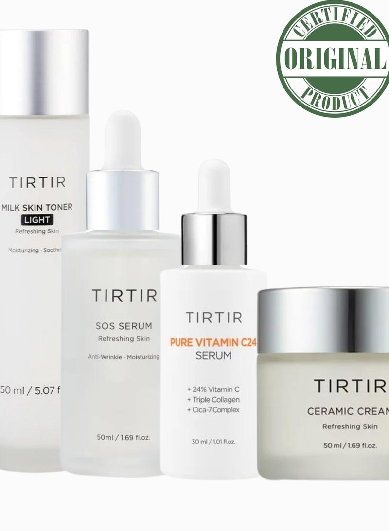 Tirtir Complete Skincare Set - SOS Serum 50ml, Ceramic Cream 50ml, Milk Skin Toner Light 150ml, Pure Vitamin C24 Serum 30ml