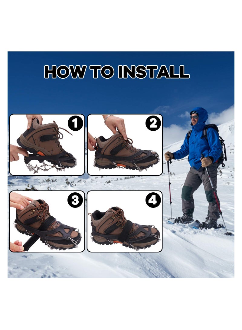 Non-Slip Ice Traction Cleats with 19 Stainless Steel Spikes for Shoes, Ideal for Walking, Jogging, Climbing, Hiking, and Mountaineering in Snow and Ice Conditions.