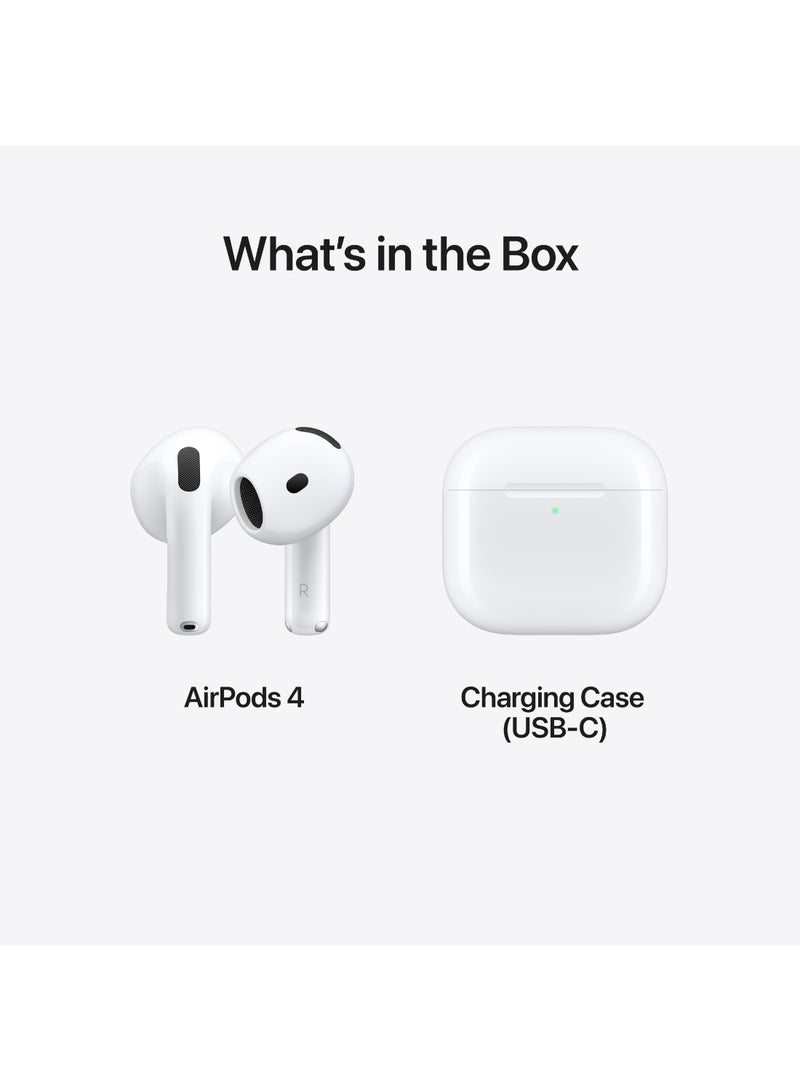 AirPods 4 Wireless Earbuds, Bluetooth Headphones, Personalized Spatial Audio, Sweat and Water Resistant, USB-C Charging Case, H2 Chip, Up to 30 Hours of Battery Life, Effortless Setup For IPhone White