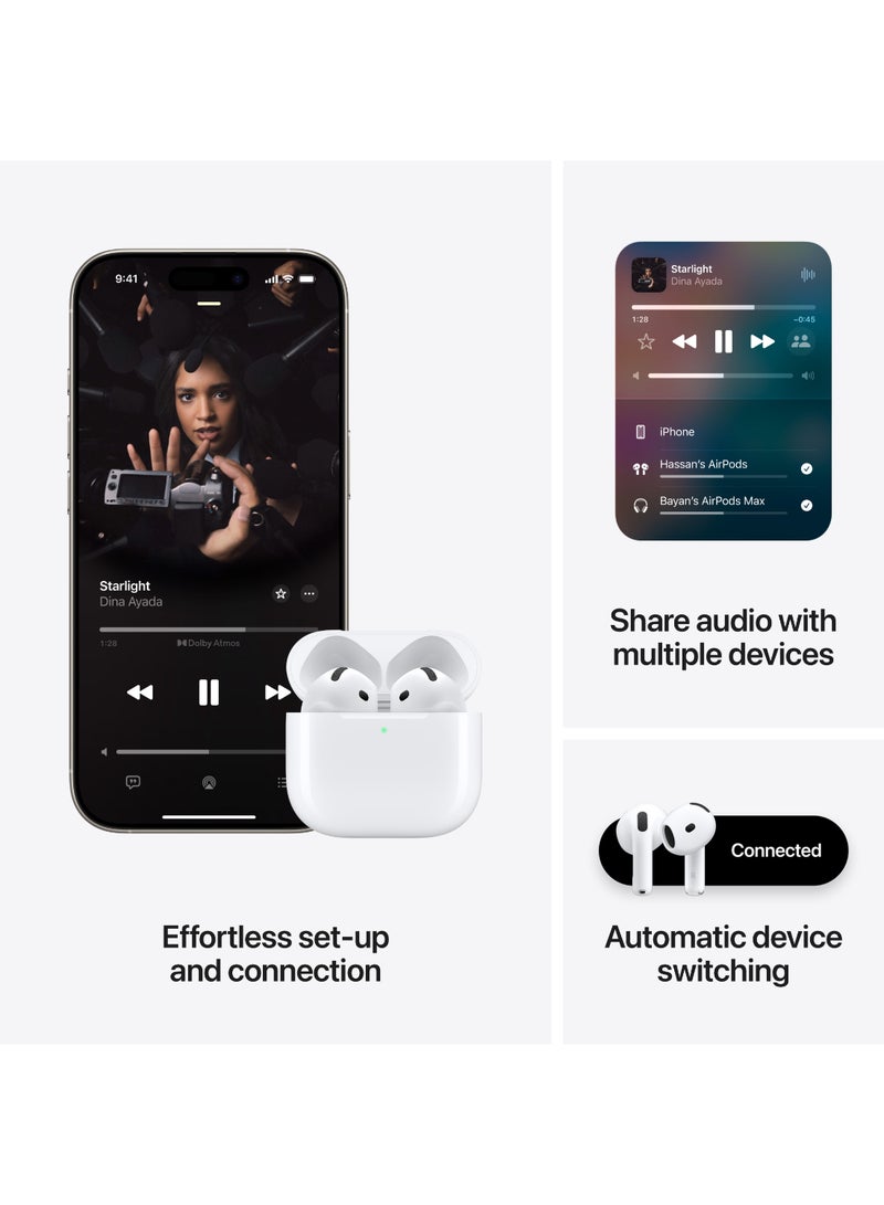 AirPods 4 Wireless Earbuds, Bluetooth Headphones, Personalized Spatial Audio, Sweat and Water Resistant, USB-C Charging Case, H2 Chip, Up to 30 Hours of Battery Life, Effortless Setup For IPhone White