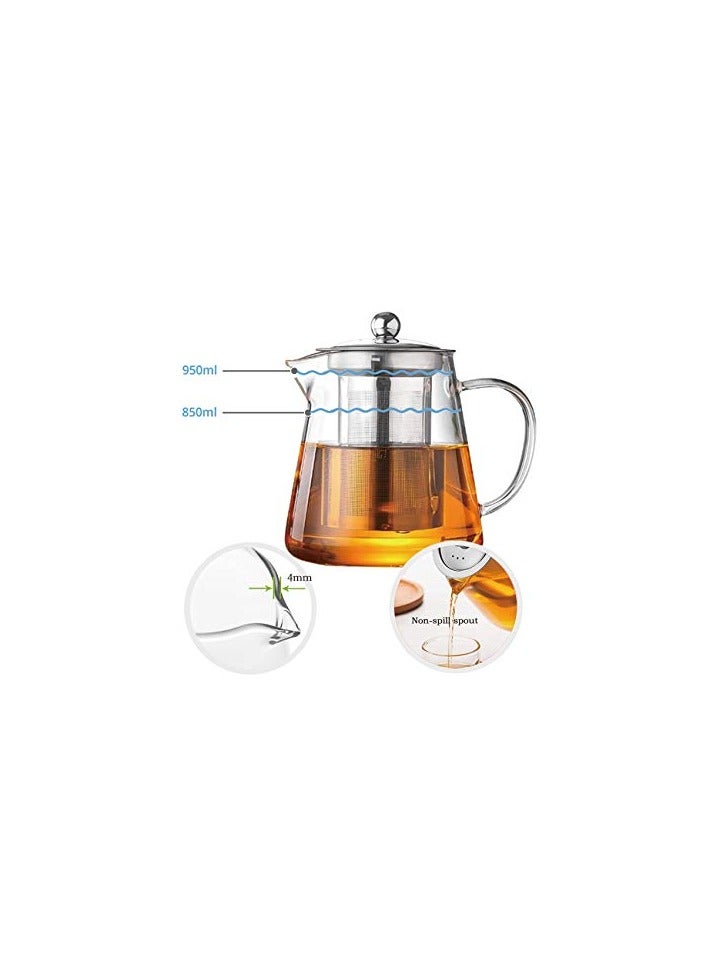 1Pcs Glass Teapot with Infuser Tea Pot 32oz/43oz Tea Kettle Stovetop Safe Blooming and Loose Leaf Tea Maker Set (32oz/ 950ml)