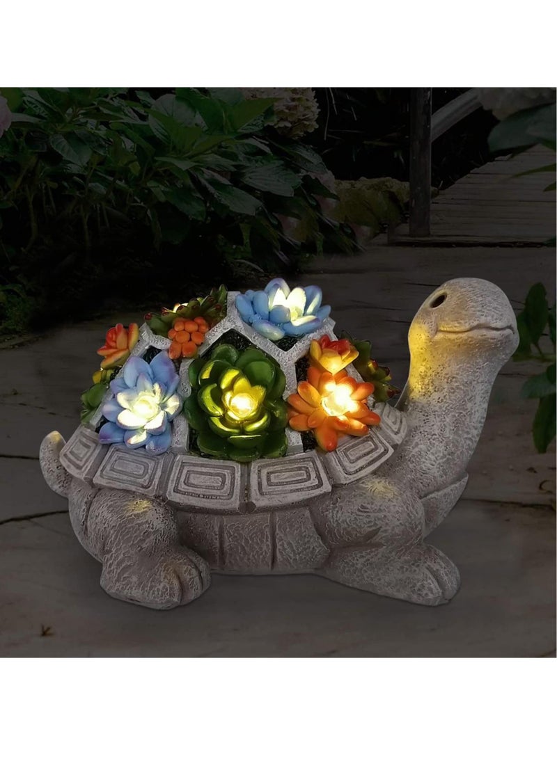 Solar Powered Turtle Garden Statue with Succulent and 7 LED Lights for Outdoor Patio and Yard Decor