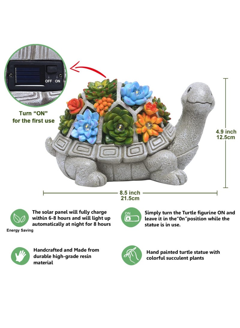 Solar Powered Turtle Garden Statue with Succulent and 7 LED Lights for Outdoor Patio and Yard Decor