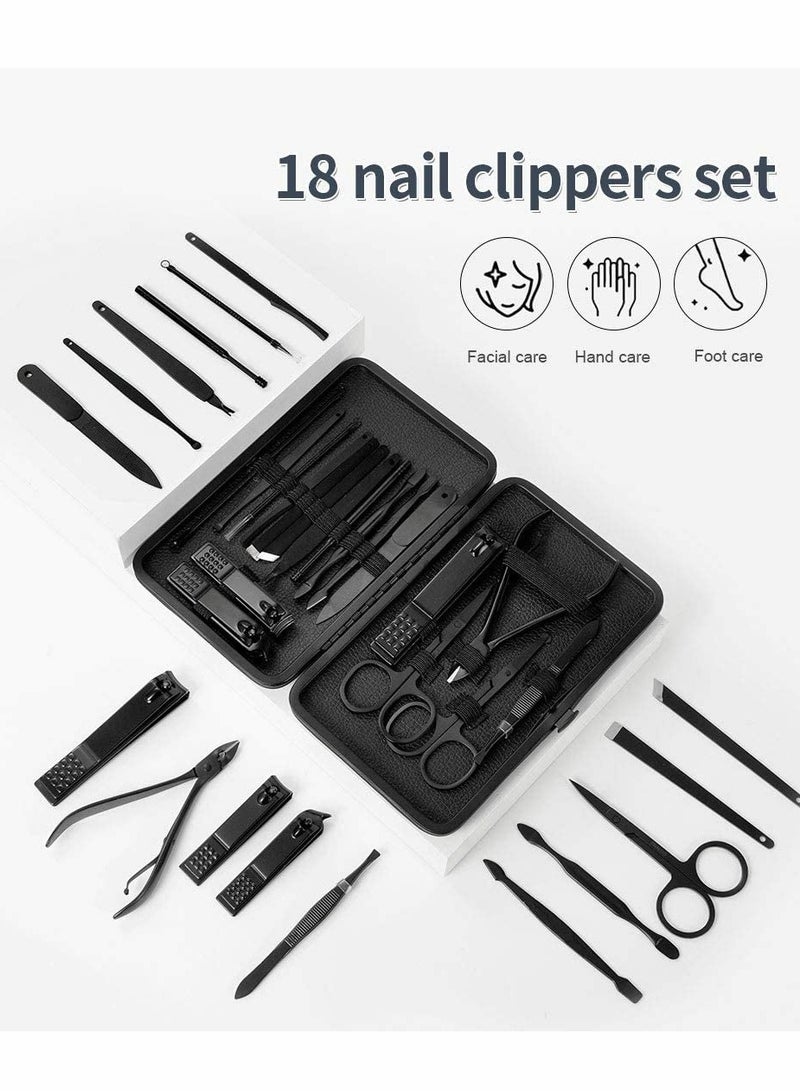 Profession Nail Clippers Set 18 pcs，Black Stainless Steel Sharp Nail Trimmer Pedicure and Manicure Set with Cortex Metal Case for Men and Women