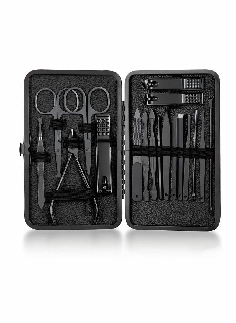 Profession Nail Clippers Set 18 pcs，Black Stainless Steel Sharp Nail Trimmer Pedicure and Manicure Set with Cortex Metal Case for Men and Women