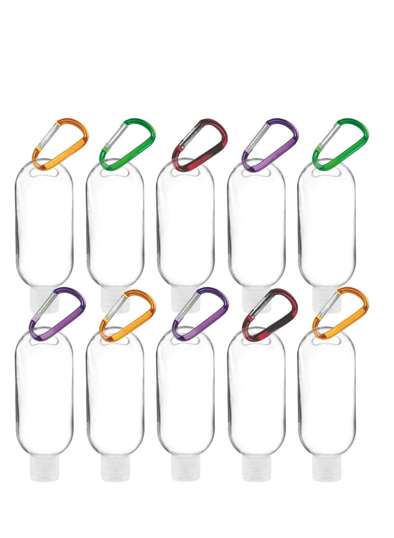 KASTWAVE 10 Pieces 50ml Empty Refillable Plastic Bottle Travel With Carabiner Portable Clear Plastic Squeeze Container Leak Proof Bottles For Travel Outdoor Activities