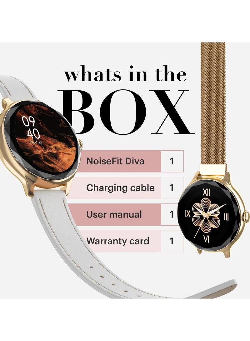 Noise Diva Smartwatch with Diamond Cut dial, Glossy Metallic Finish, AMOLED Display, Mesh Metal and Leather Strap Options, 100+ Watch Faces, Female Cycle Tracker Smart Watch for Women (Gold Link)